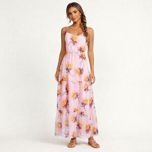 J. CREW Size 2/XS Pink Sunburst Floral Tiered Spaghetti Strap Maxi Dress J4560